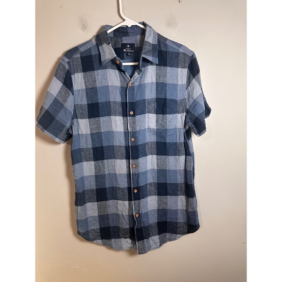 Ben Sherman Other - Ben Sherman Mens Blue Plaid Linen Blend Short Sleeve Button Down Shirt Medium